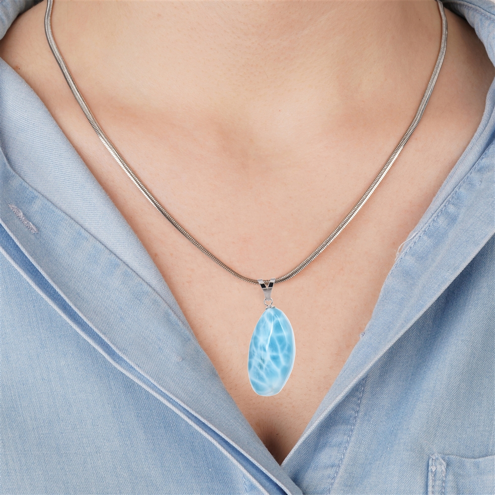 Pendentif Larimar B, Pierre roulée grande, rhodié