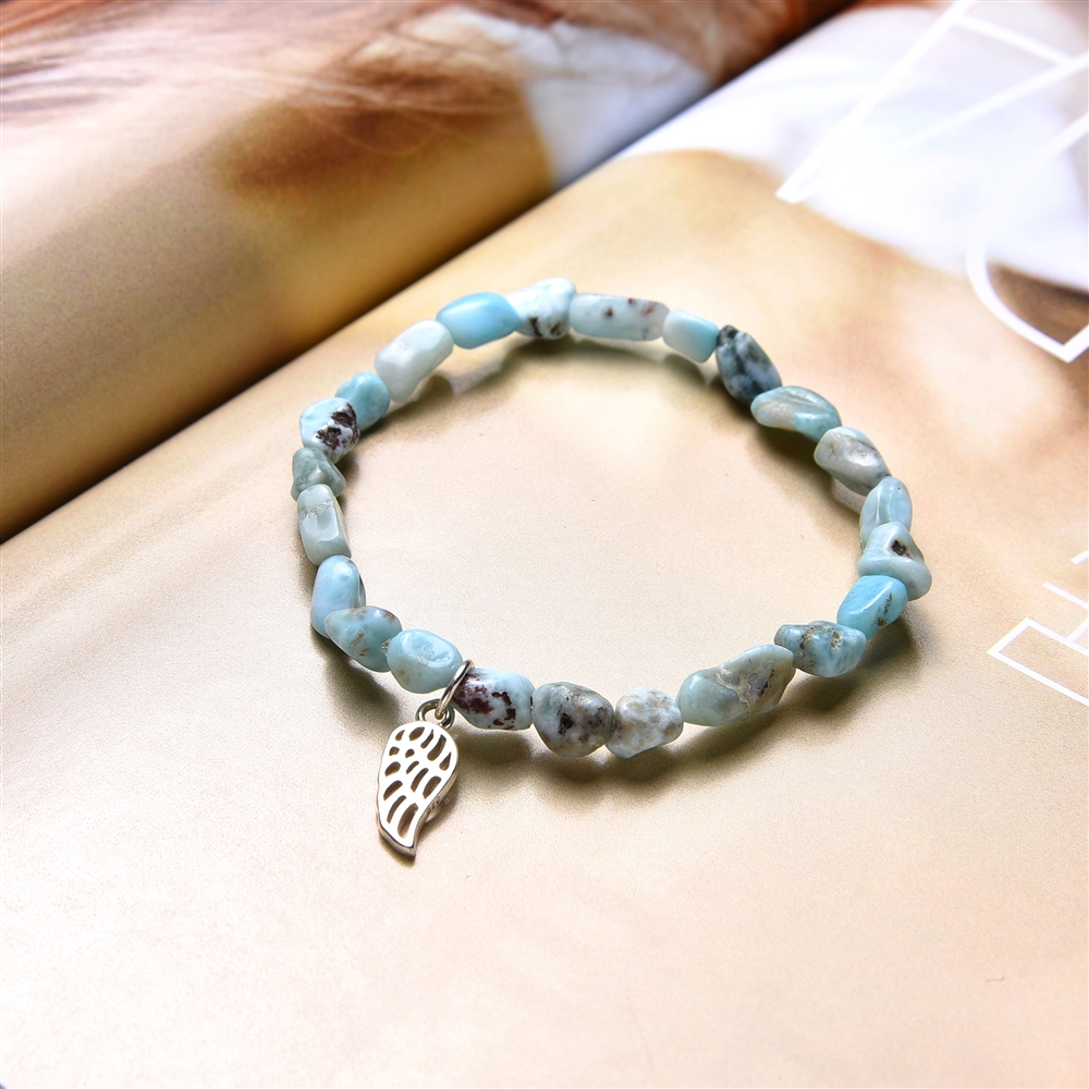 Pulsera, Larimar, pepitas de 06mm, alas de plata, 15cm