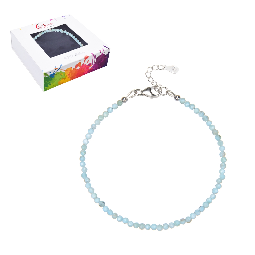 Bracelet en perles rondes Larimar, boules (3mm) facettées, rhodiées, chaînette de rallonge