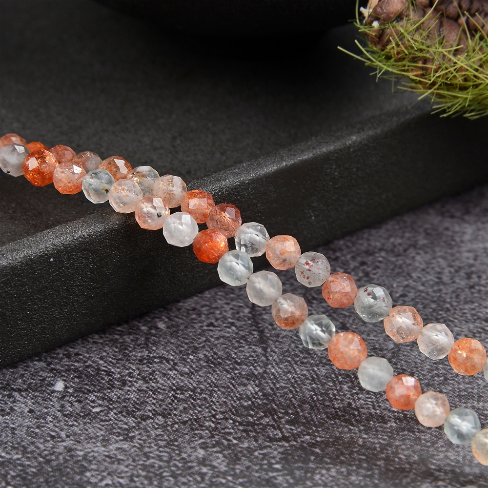 Necklace sunstone (Arusha), beads (4mm) faceted, rhodium plated, extension chain