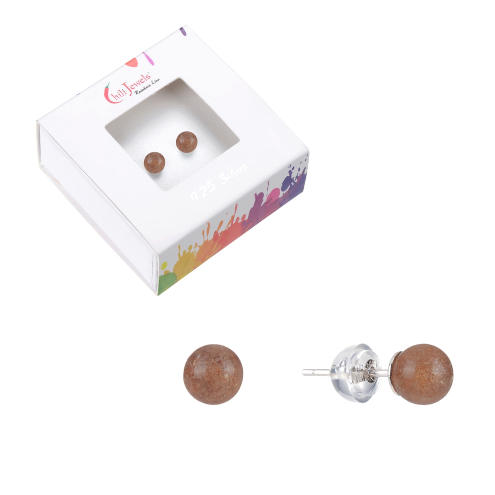 Clous d'oreilles Pierre de soleil, boule, 5,5mm, rhodié