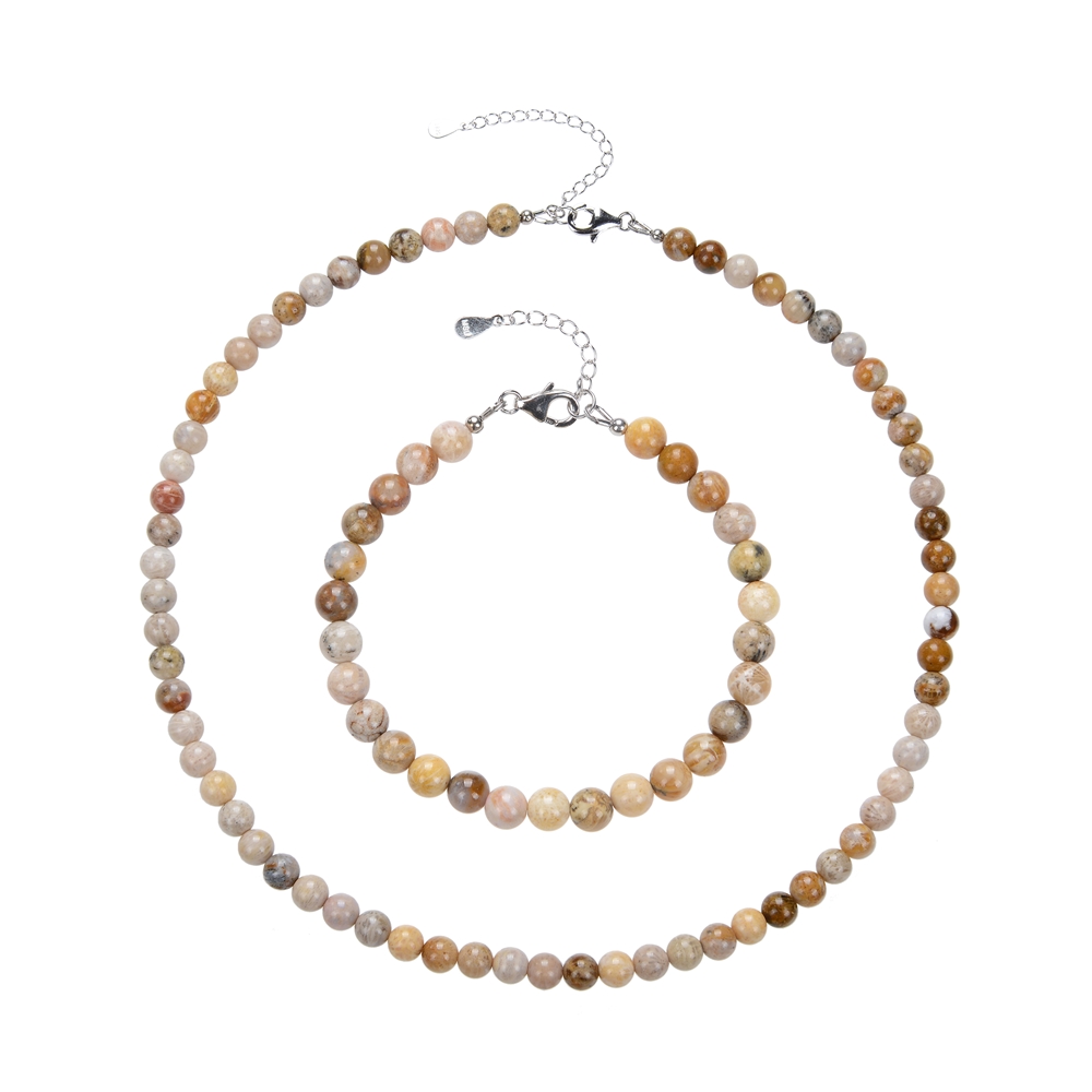 Bracelet petrified coral, 6mm beads, extension chain, rhodium plated