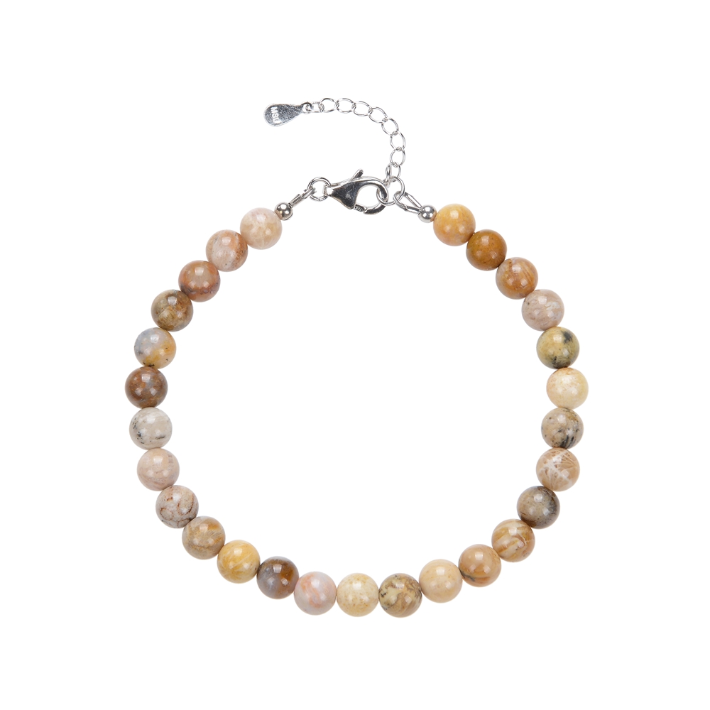 Bracelet petrified coral, 6mm beads, extension chain, rhodium plated