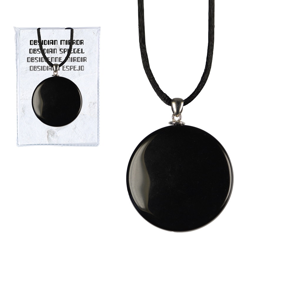 Ossidiana a specchio (nera) con occhiello e cordoncino d'argento, 4 cm