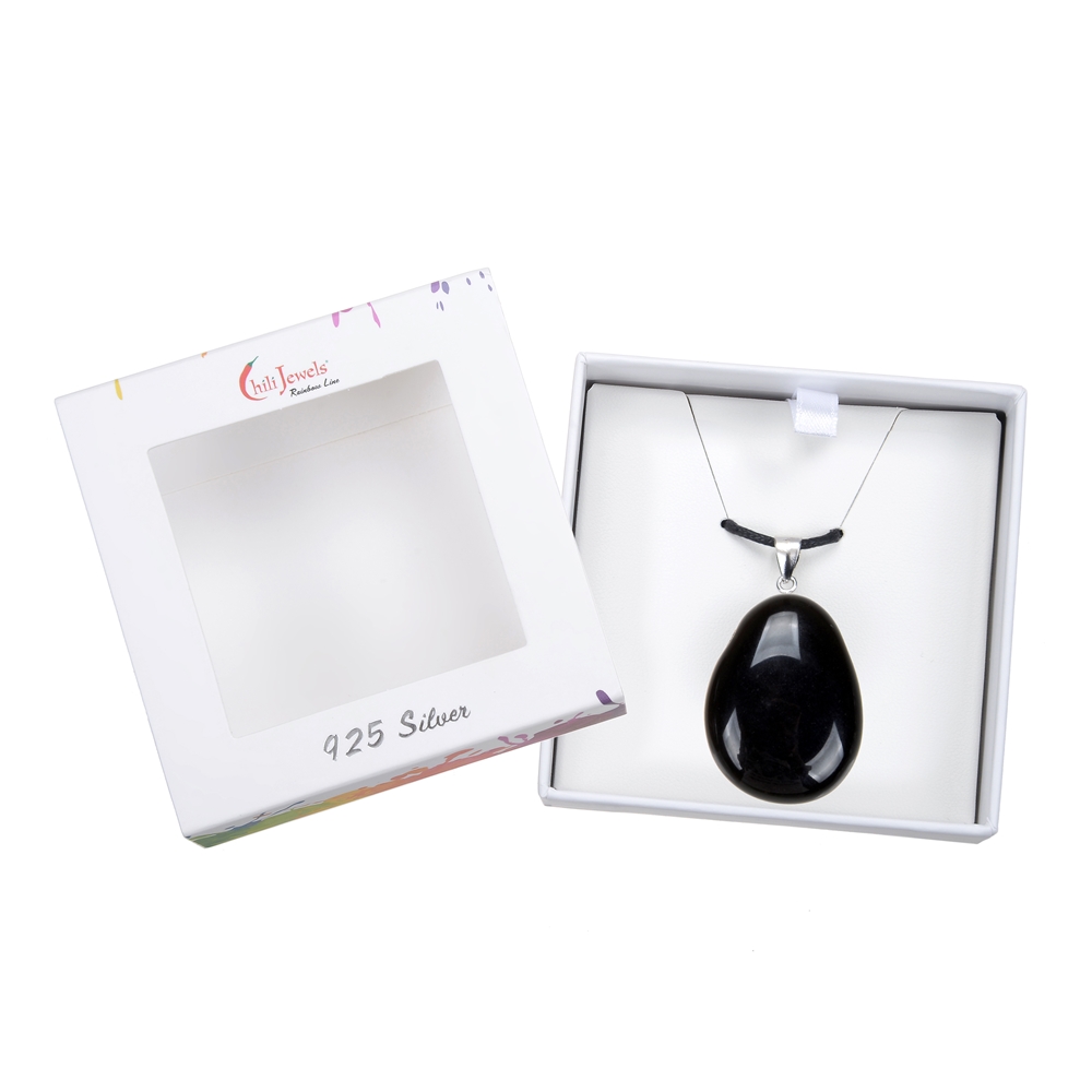 Pendentif Pierre roulée, Obsidienne (noire), 4cm, rhodié