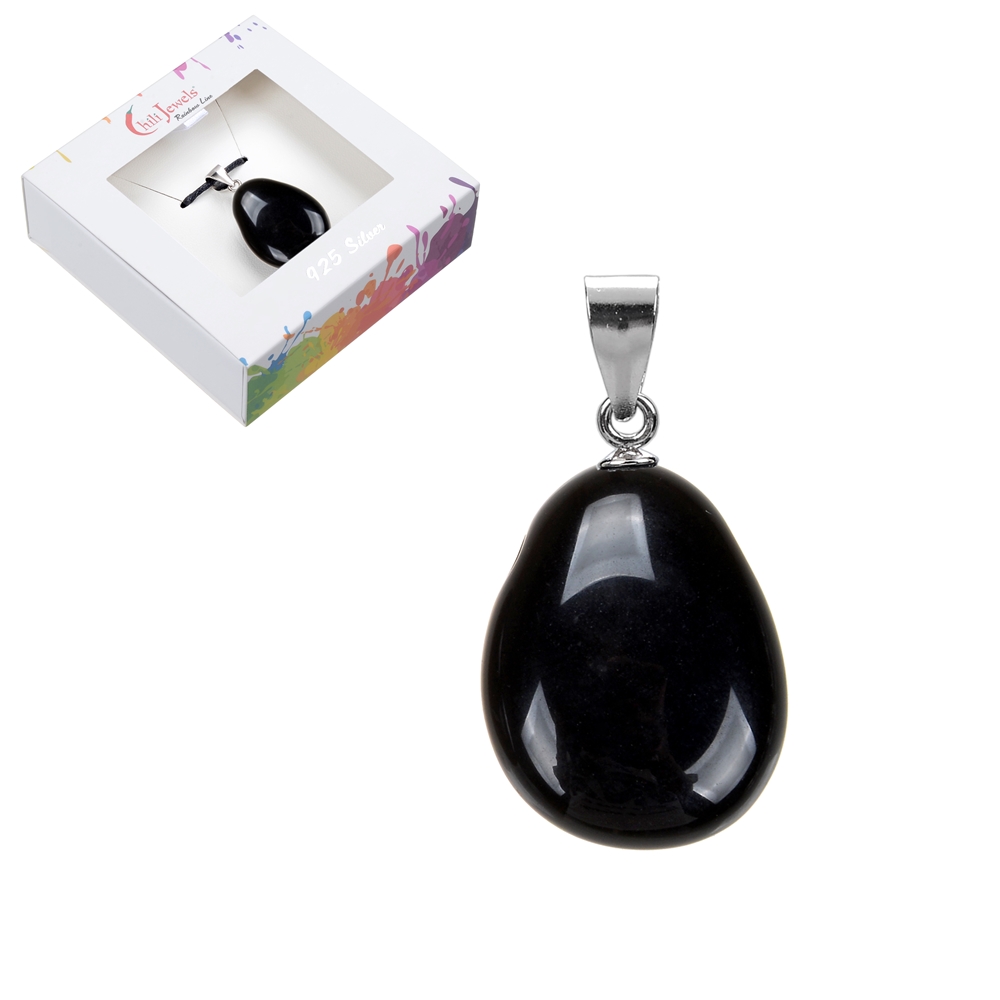 Pendentif Pierre roulée, Obsidienne (noire), 4cm, rhodié