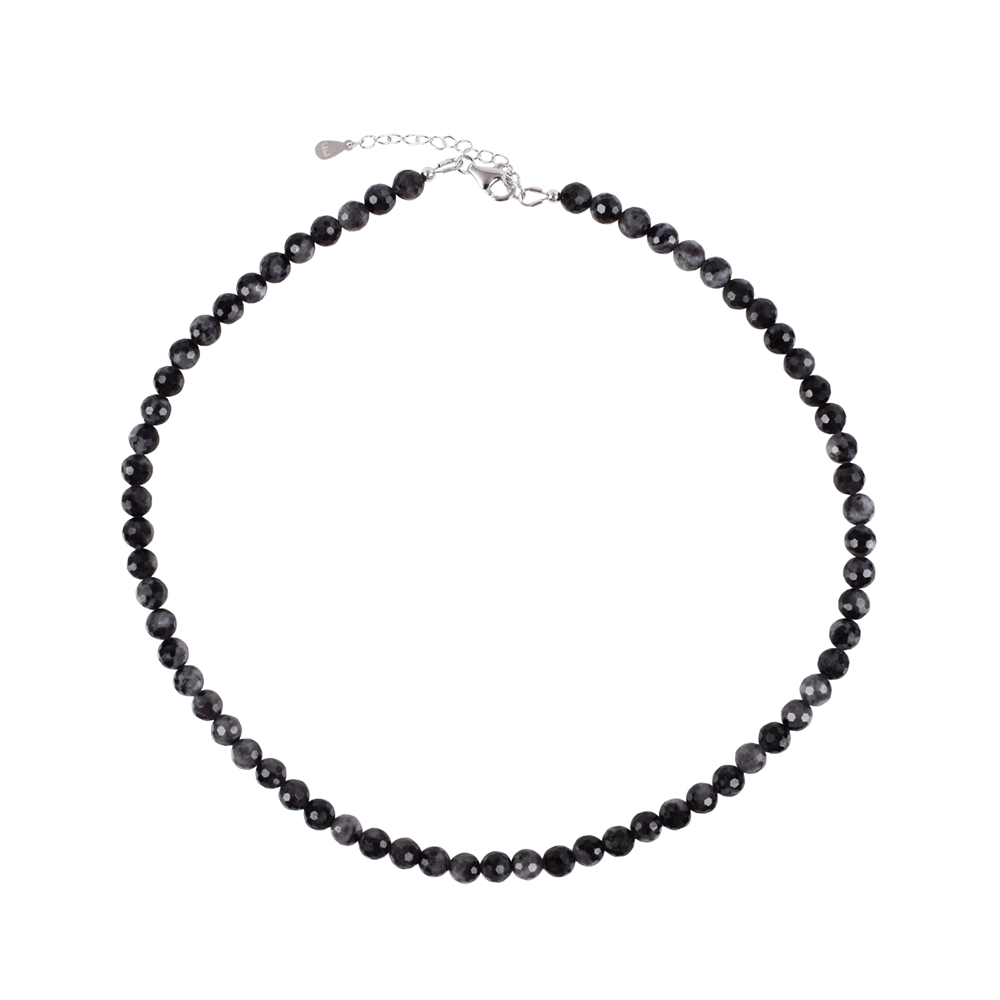 Collana di Gabbro (merlinite mistica), perline (6 mm), sfaccettate, rodiate, catena di estensione