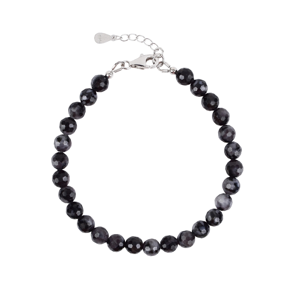Bracelet Gabbro (Mystic Merlinite), 06mm beads, faceted, extension chain, rhodiniert