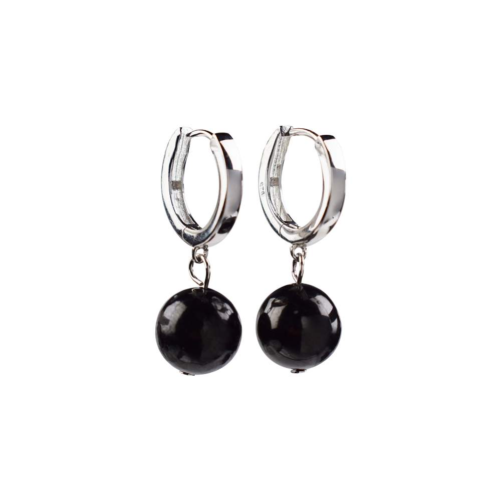 Boucles d'oreilles avec crochets en schungite (tige) - sphère de 10 mm, rhodié