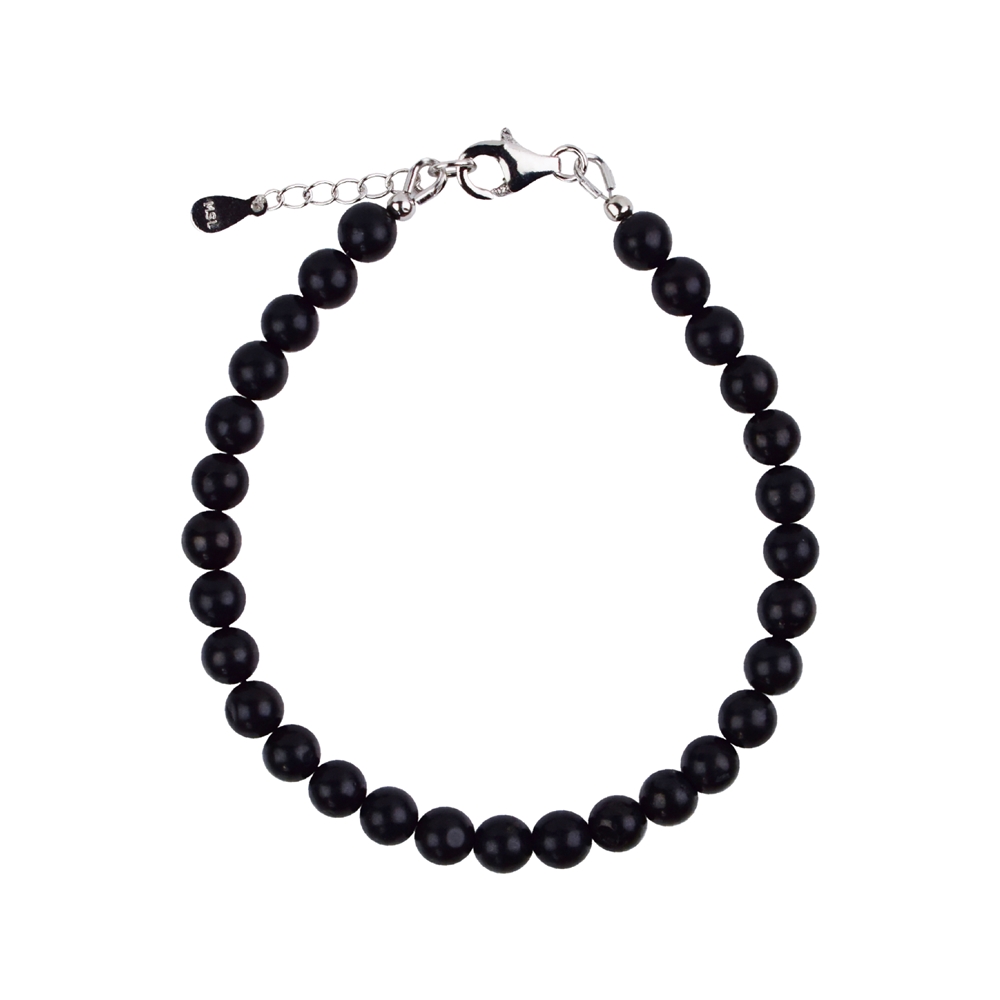 Bracelet schungite (stab.), 6mm beads, extension chain, rhodium-plated