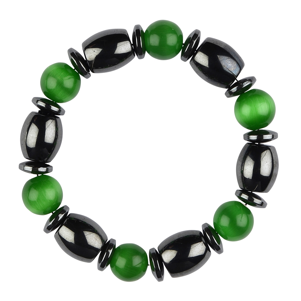 Bracelet, hématite/œil de chat vert (verre)