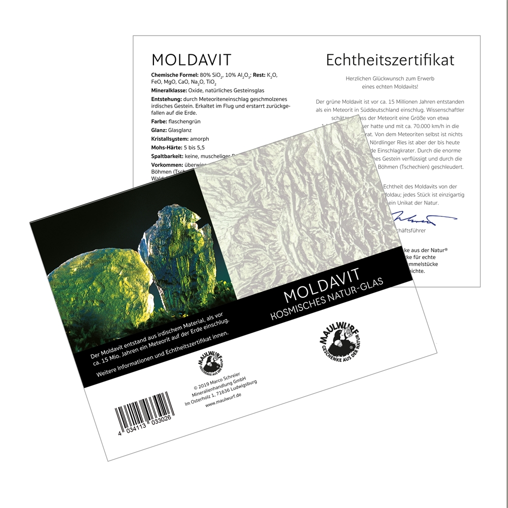 Moldavite (1,4 - 1,8 g) con scheda di certificazione in astuccio