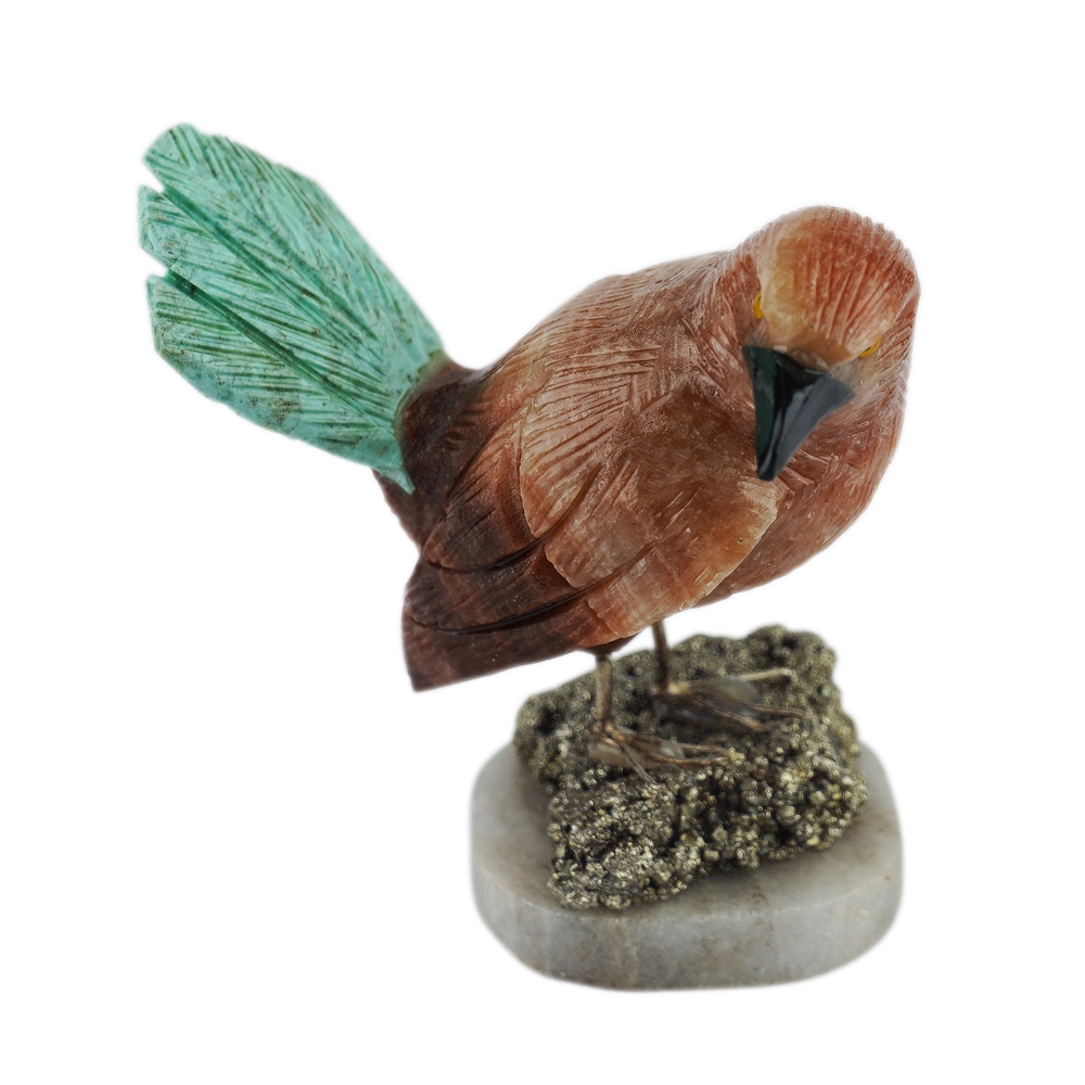 Engraved bird (wren), calcite, chrysocolla, 10cm | Marco Schreier