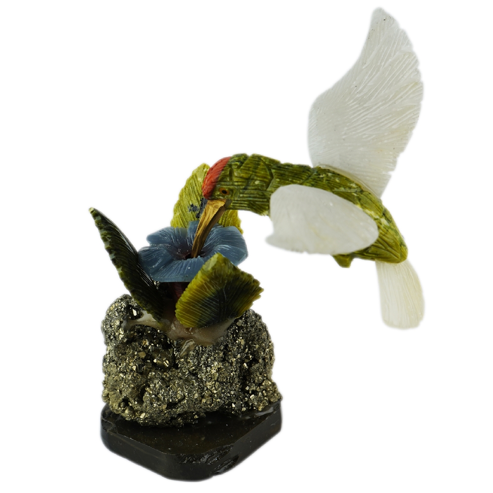 Gravur Vogel (Kolibri mit Blüte), Serpentin, Calcit, 15cm