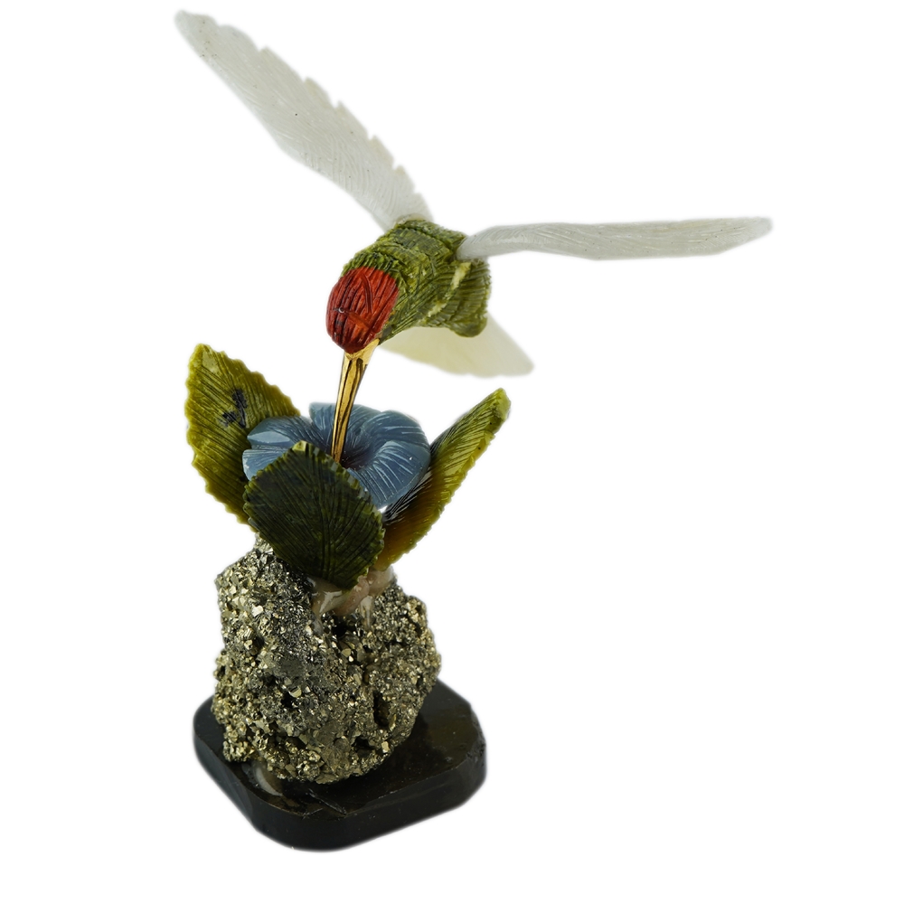 Gravur Vogel (Kolibri mit Blüte), Serpentin, Calcit, 15cm