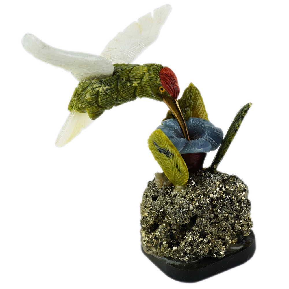 1000004607 Gravur Vogel (Kolibri mit Blüte), Serpentin, Calcit, 15cm | Marco Schreier