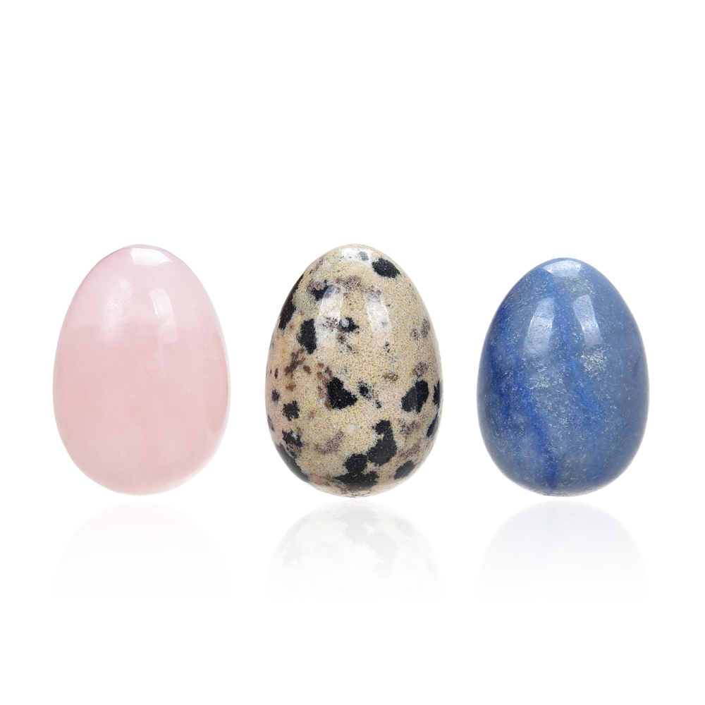 Set de Pâques oeufs (Quartz rose, pierre de dalmatien, quartz bleu dans un sachet de lapin)