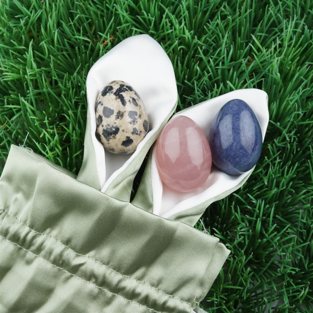 Set de Pâques oeufs (Quartz rose, pierre de dalmatien, quartz bleu dans un sachet de lapin)