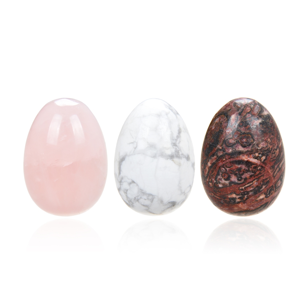 Set de Pâques oeufs (Quartz rose, Magnésite, Jaspe peau de léopard dans un sac en forme de lapin)