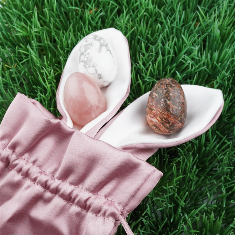 Set de Pâques oeufs (Quartz rose, Magnésite, Jaspe peau de léopard dans un sac en forme de lapin)