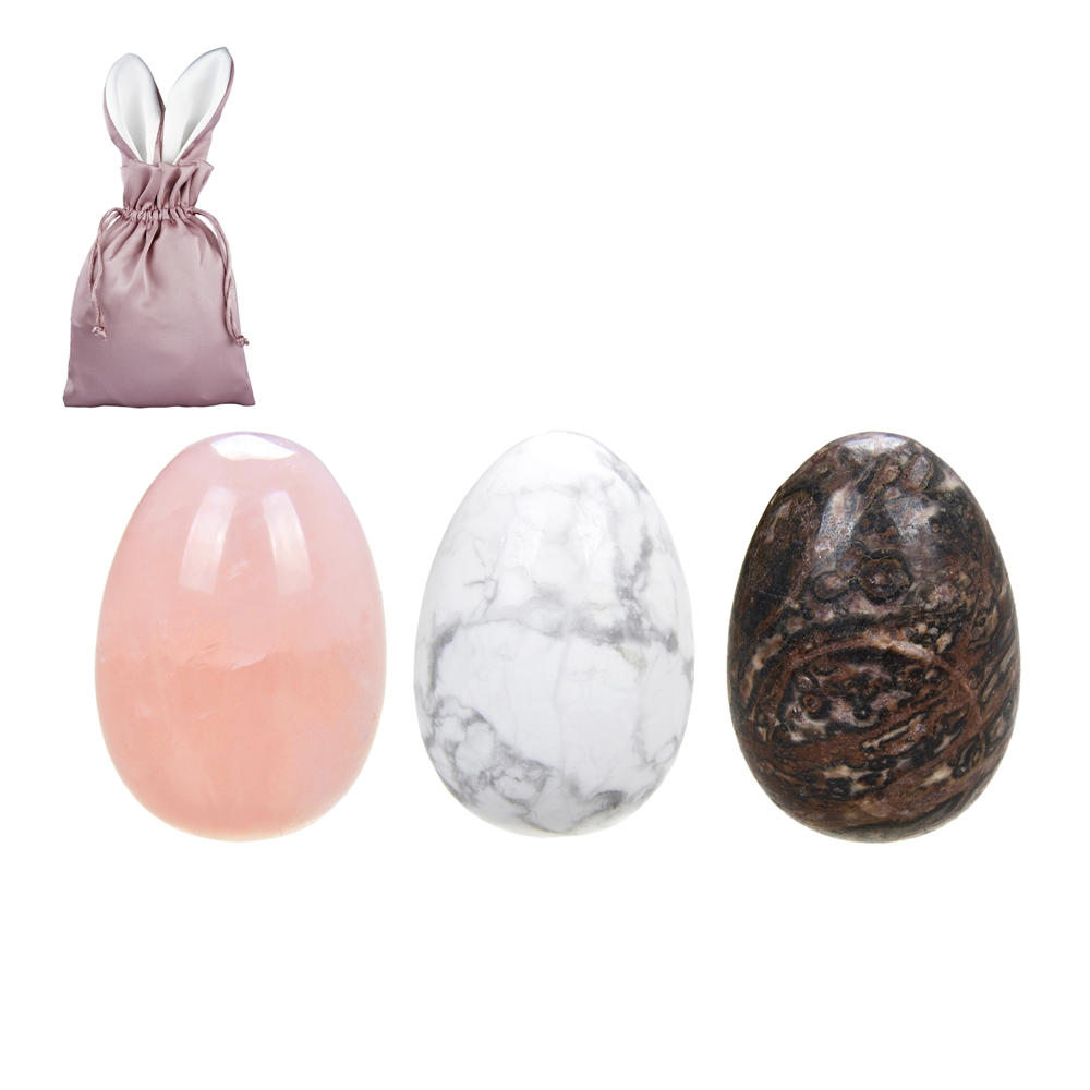 Set de Pâques oeufs (Quartz rose, Magnésite, Jaspe peau de léopard dans un sac en forme de lapin)