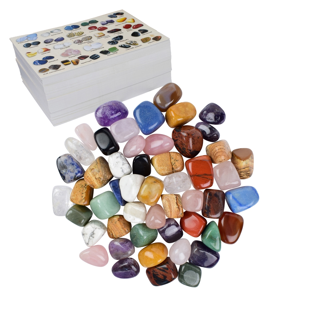 3-piece dispenser with filling small and large tumbled stones, pendant, 1200 info cards ENGLISH