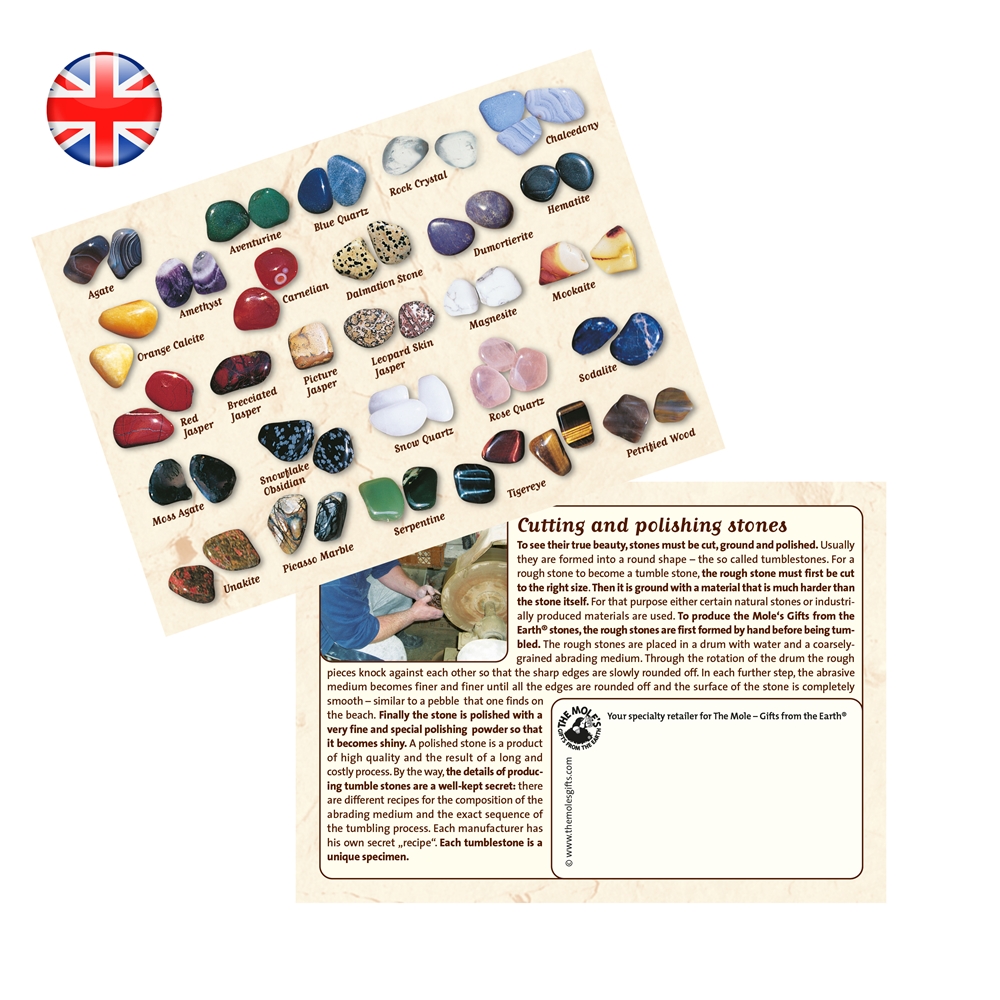 Dispenser da 3 pezzi con riempimento di pietre piccole e grandi, ciondolo, 1200 cartoline informative ENGLISH