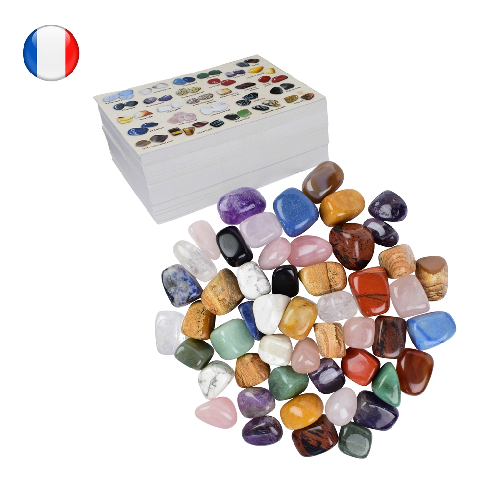 Vending machine refill pack 1: 10kg large Tumbled Stones, 600 info cards FRENCH