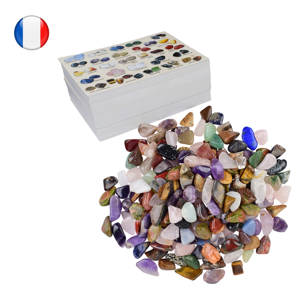 Vending machine refill pack 2: 10kg small Tumbled Stones, 400 info cards FRENCH