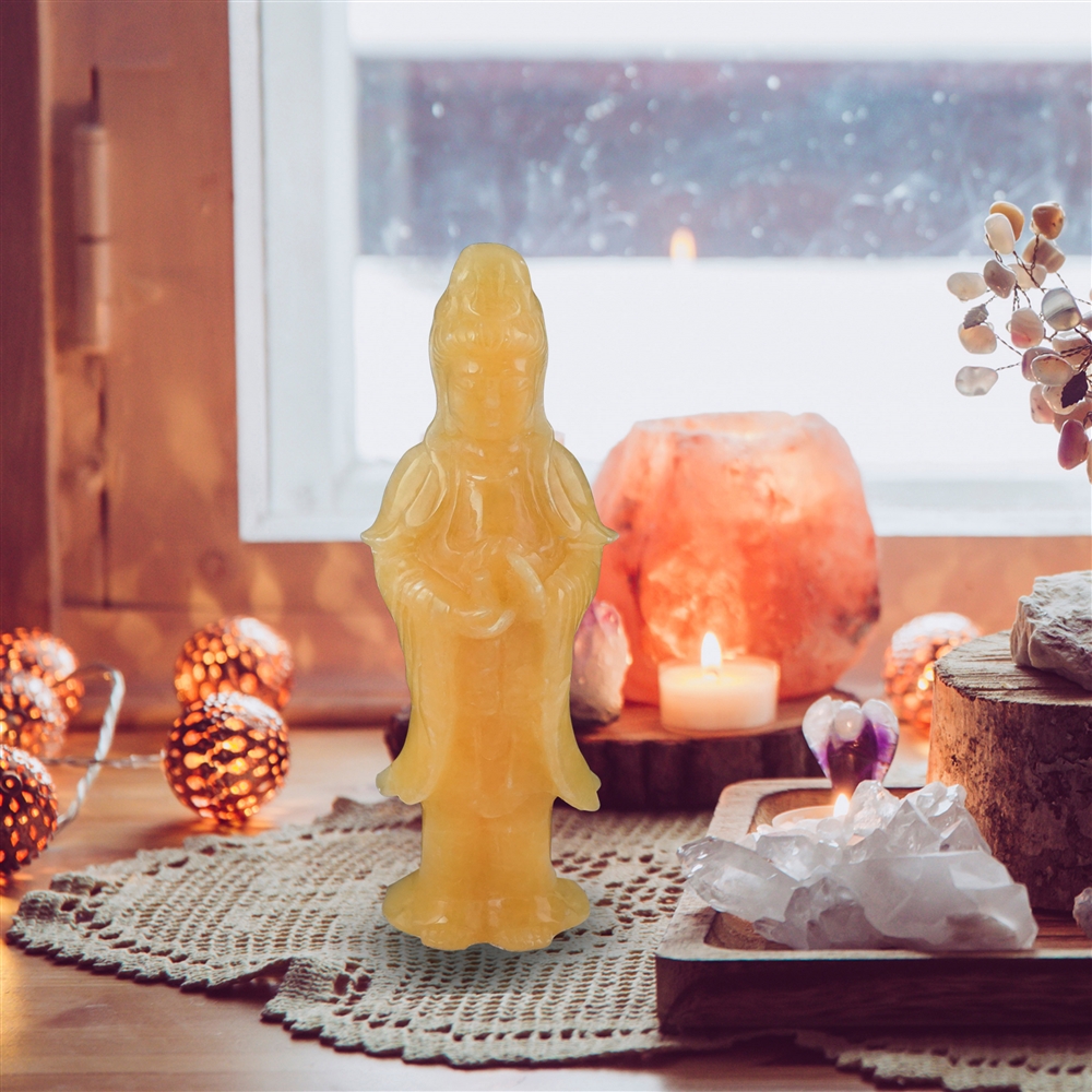 Gravur Kuan Yin, Calcit (orange), 12cm | Edelsteine, Heilsteine & Schmuck-Handel