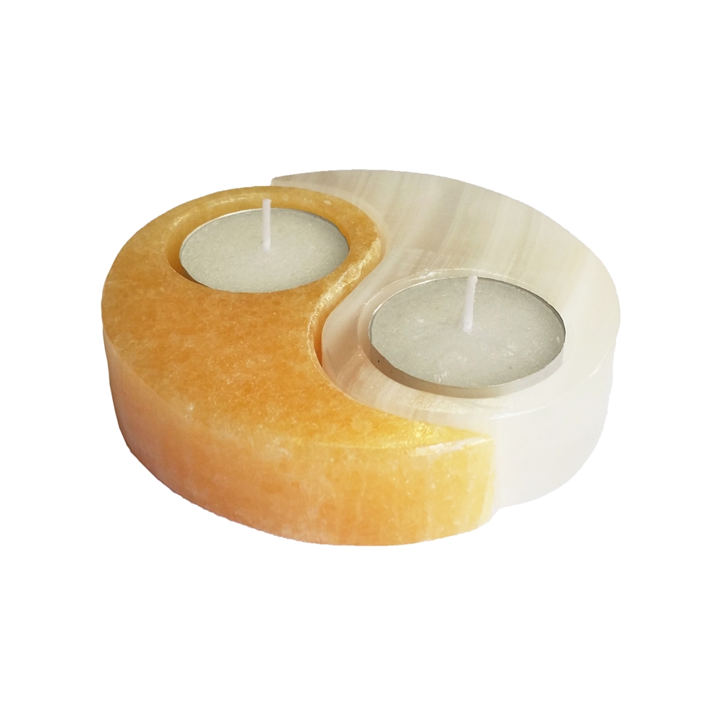 Tealight in calcite (arancione/bianco), Yin Yang, 10 cm