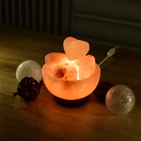 Salt lamp "Fire bowl hearts" with wooden base 14cm/ 3,1kg 