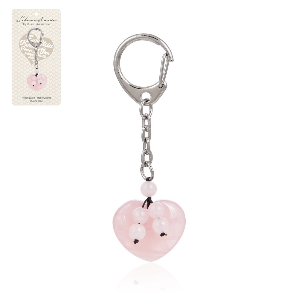 Porte-clés cœur Quartz rose avec boules