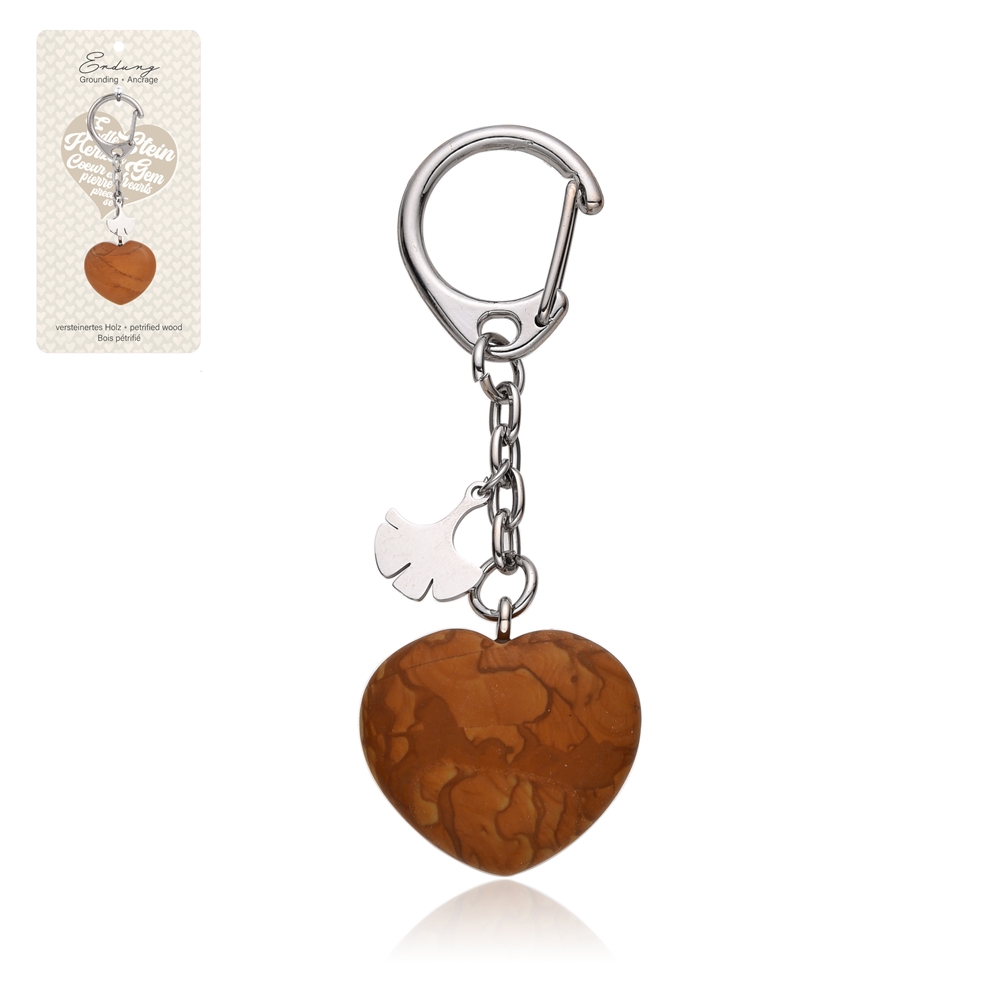 Key Chain Heart Petrified Wood with Gingko