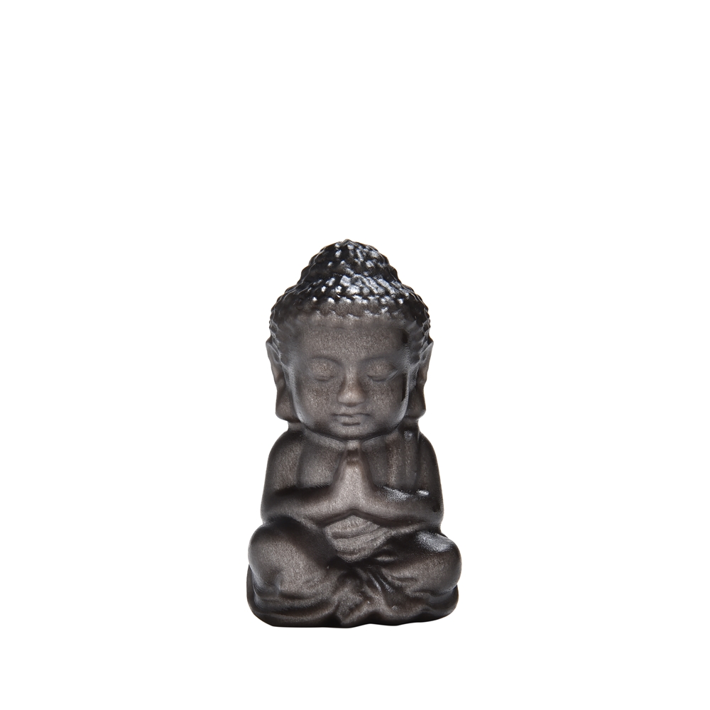 Incisione Buddha in preghiera, ossidiana a lustro d'argento, 4,2 cm, opaca | Marco Schreier