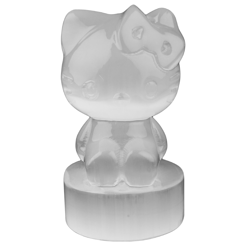 Gatto inciso con fiocco, selenite (bianca), 9,5 cm