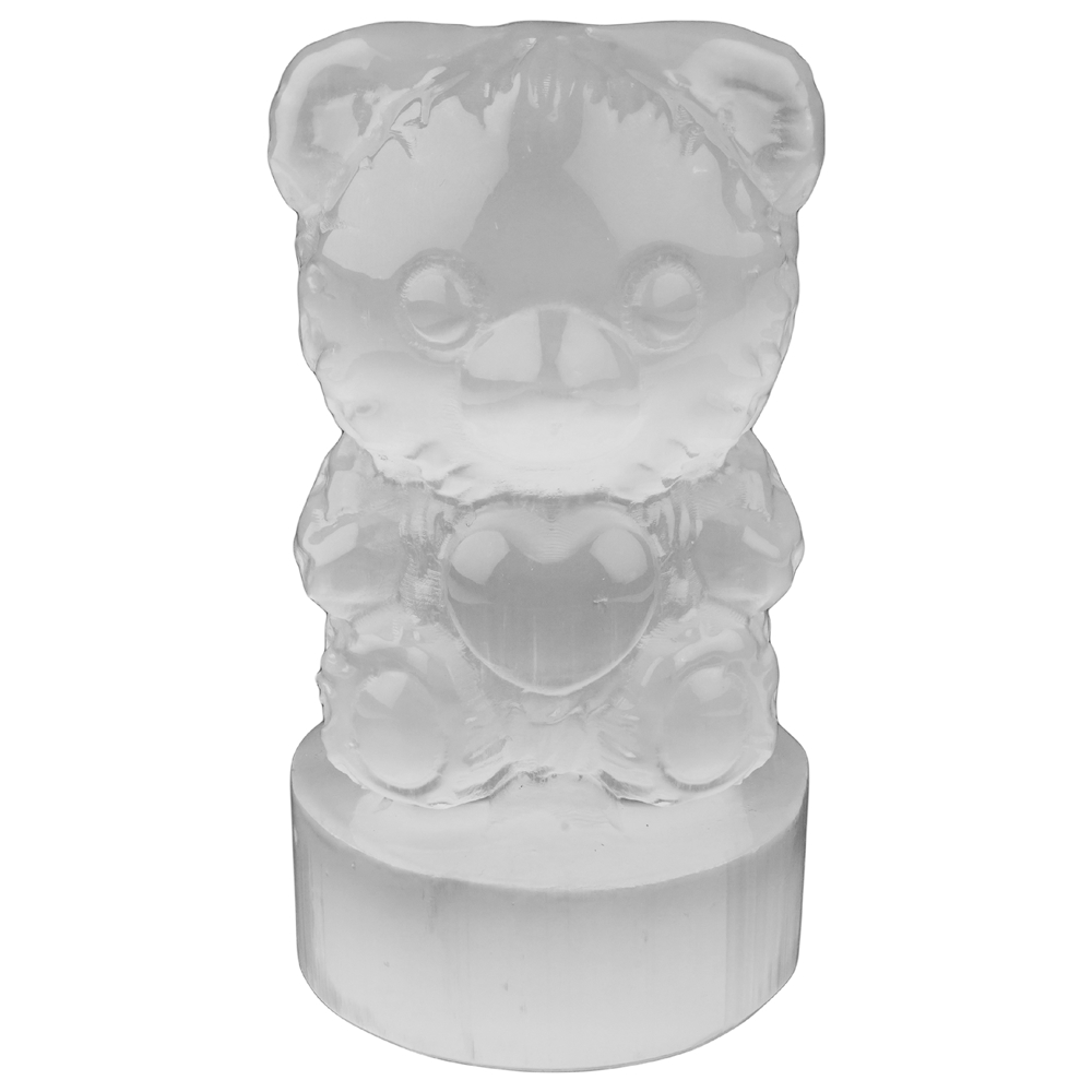 Orso da incisione con cuore, selenite (bianca), 9,5 cm