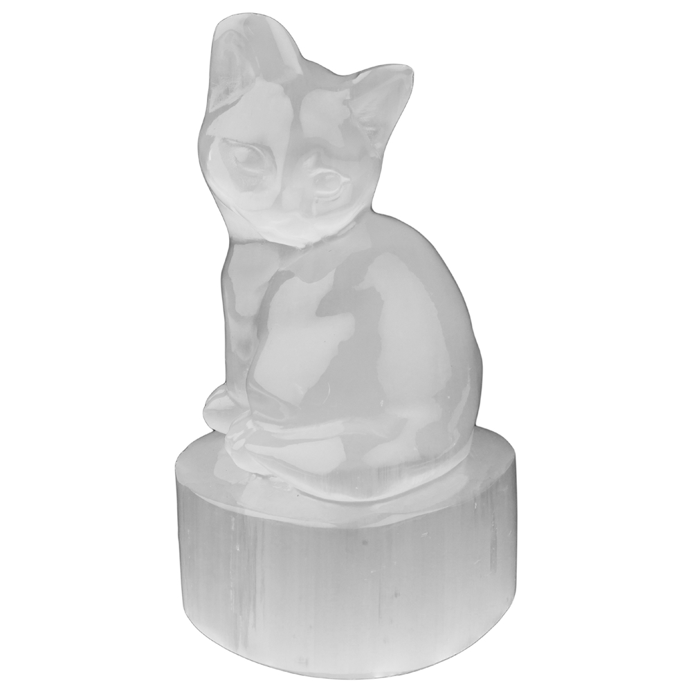 Gatto da incisione, selenite (bianca), 9,5 cm