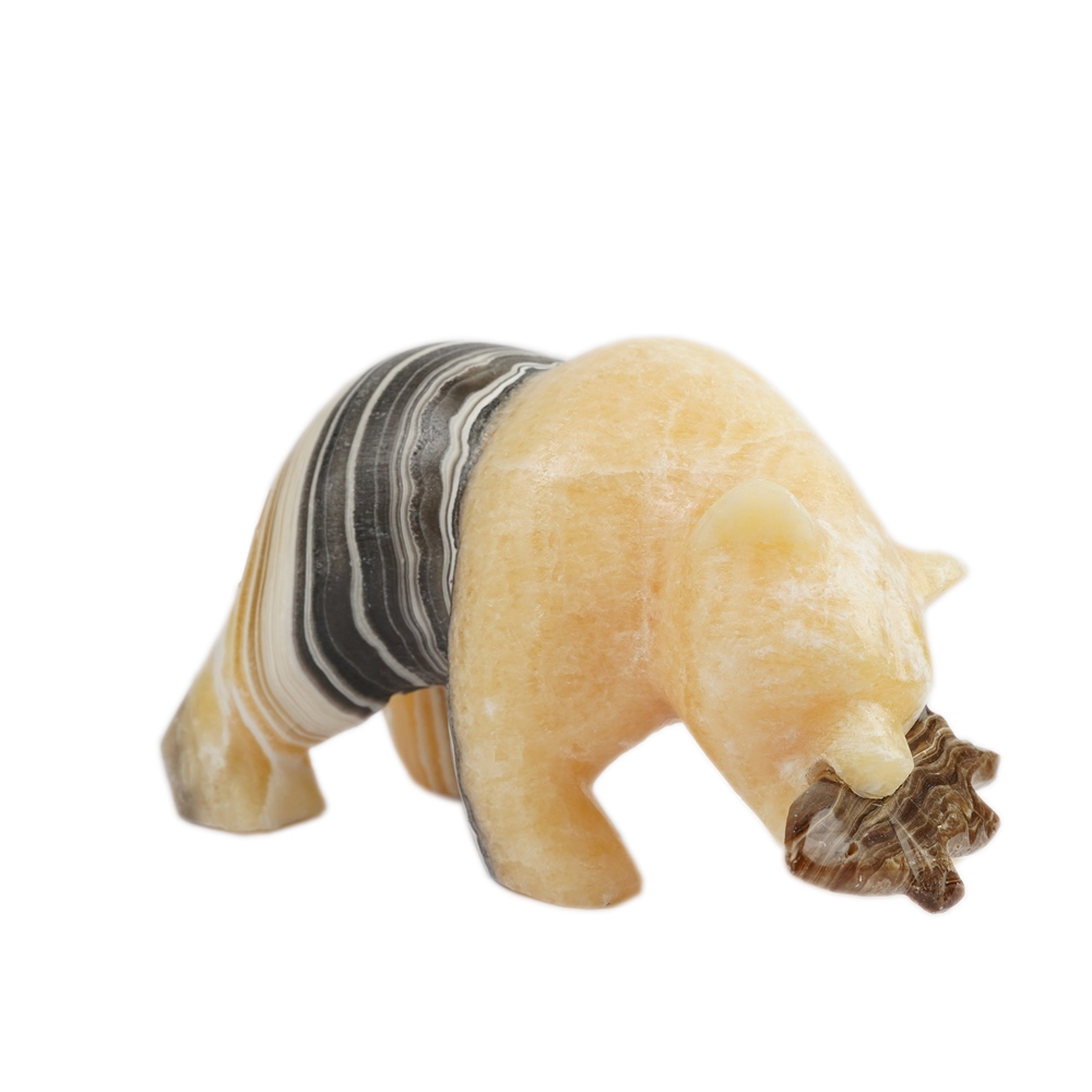 Bear with fish, alabaster calcite banded, 20cm
