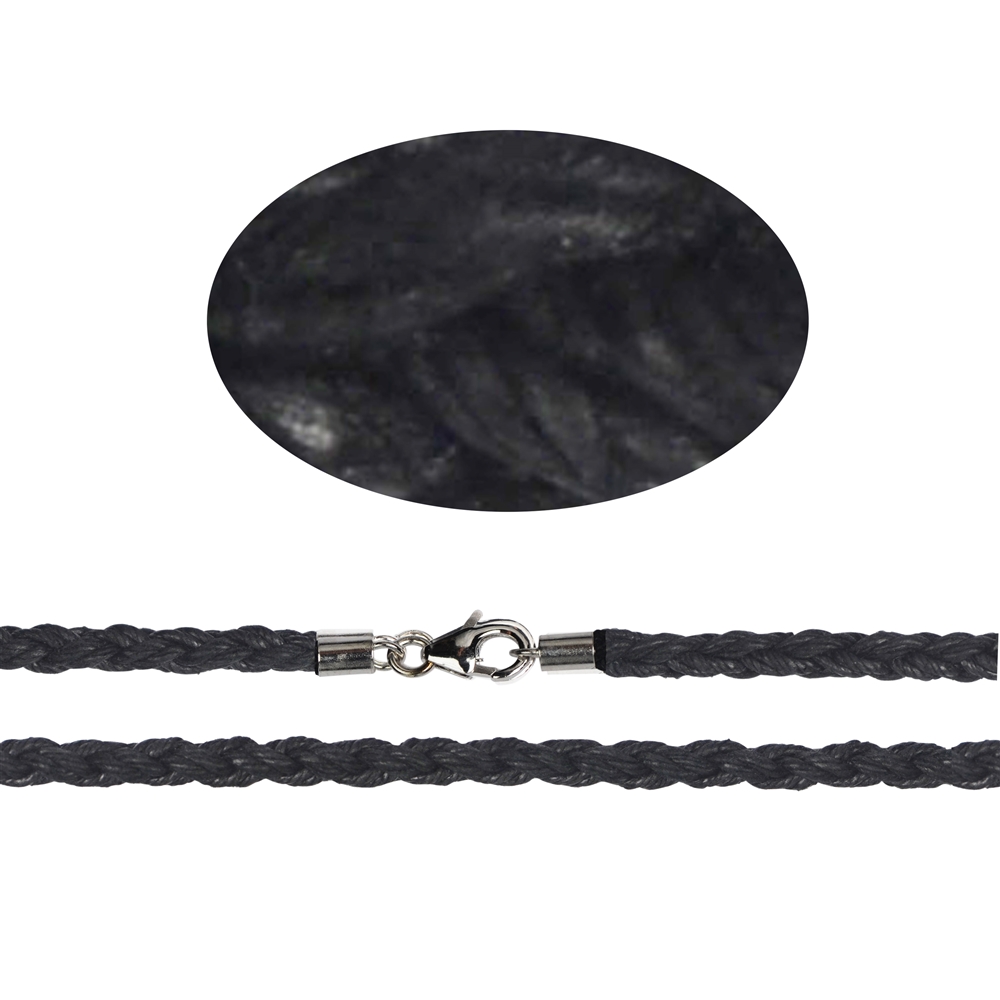 Cotton necklace, black, 3,0mm x 45cm, braided, Clasp silver 925