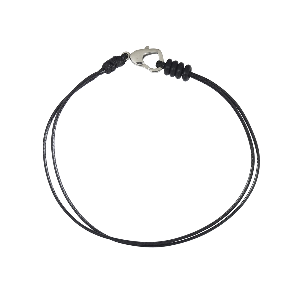 Bracelet en coton, noir, 2x 1,0mm x 19cm, Fermoirs coeur en acier inoxydable