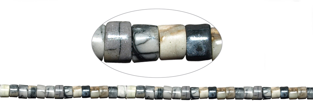 Rang de collier, mini-cylindre, Jaspe-Picasso (Calcaire), 02,5 x 04mm