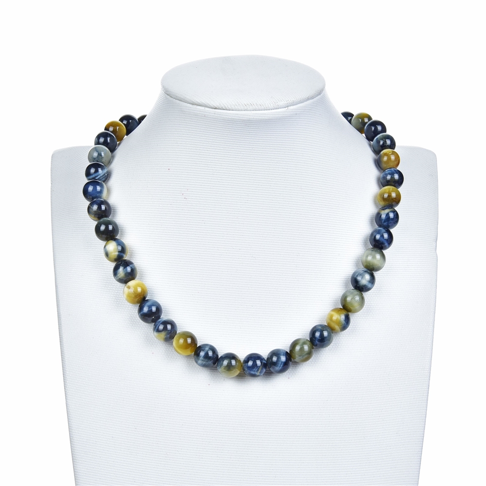 Rang de collier boules, Oeil-de-tigre (blanc, jaune, bleu), 10mm (39cm)