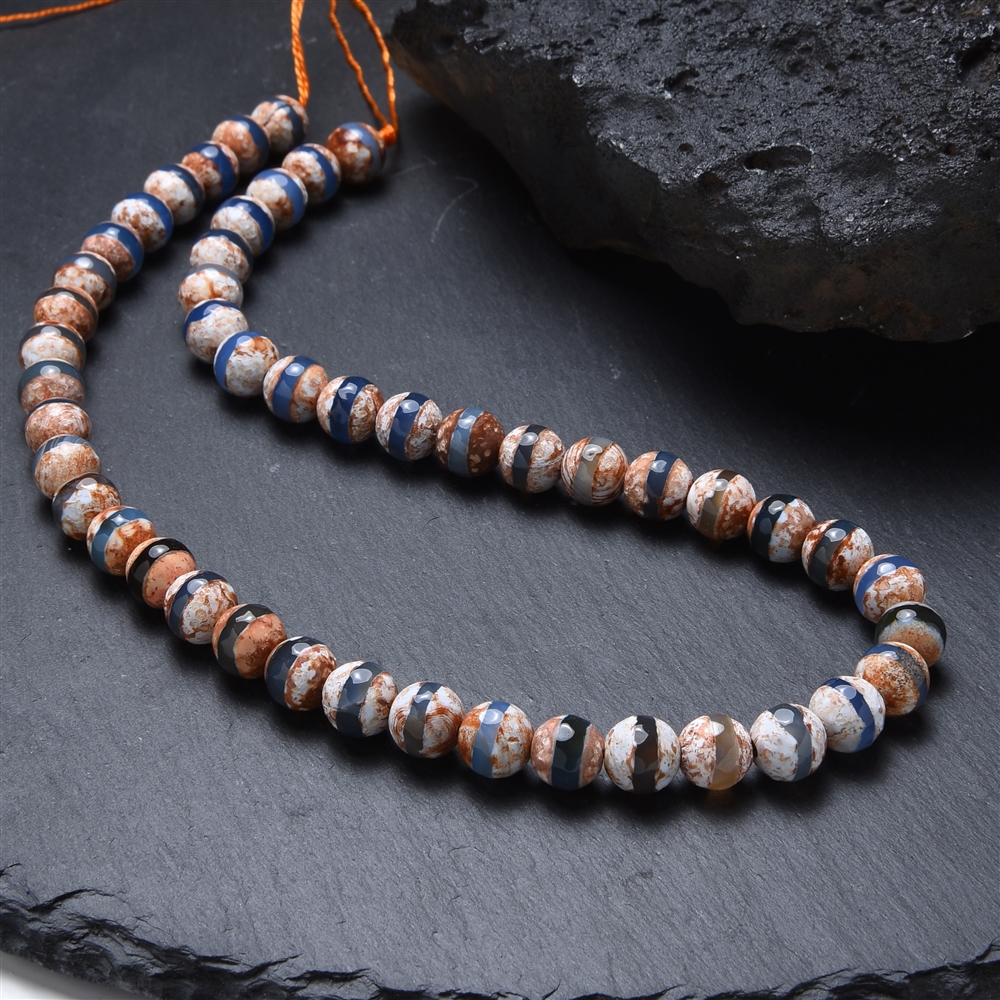 String Beads, Agate (Mongolia agate brown-white) blue line, 08mm, faceted (36cm)