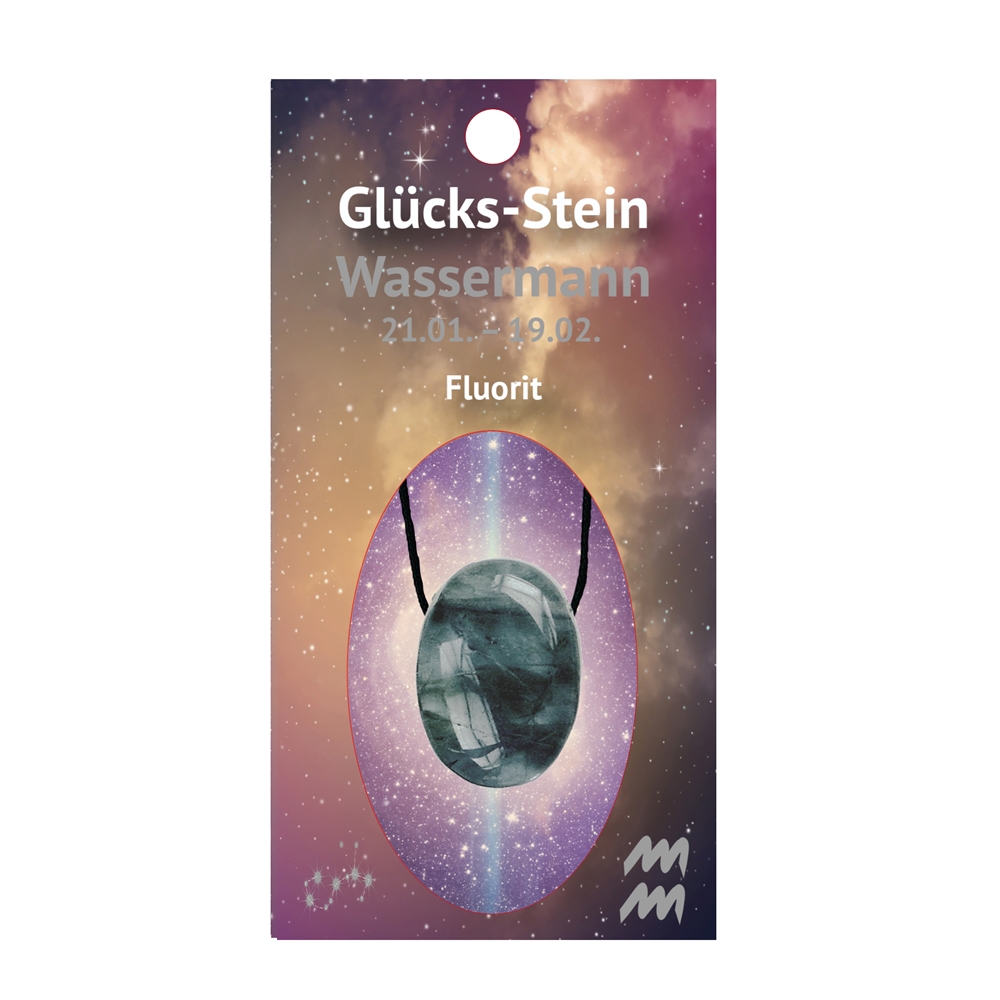 Glücksstein mit Band auf Astrokarte  Wassermann/Fluorit