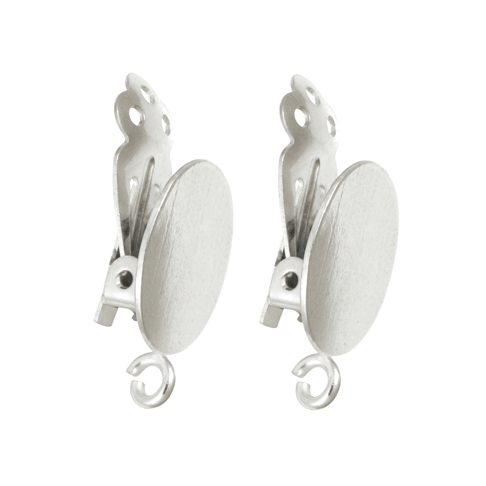 Ear clip oval plate with loop 14mm, silver (2pcs/unit)