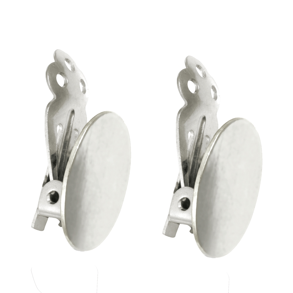 Ear clip oval plate 14mm, silver (2pcs/unit)