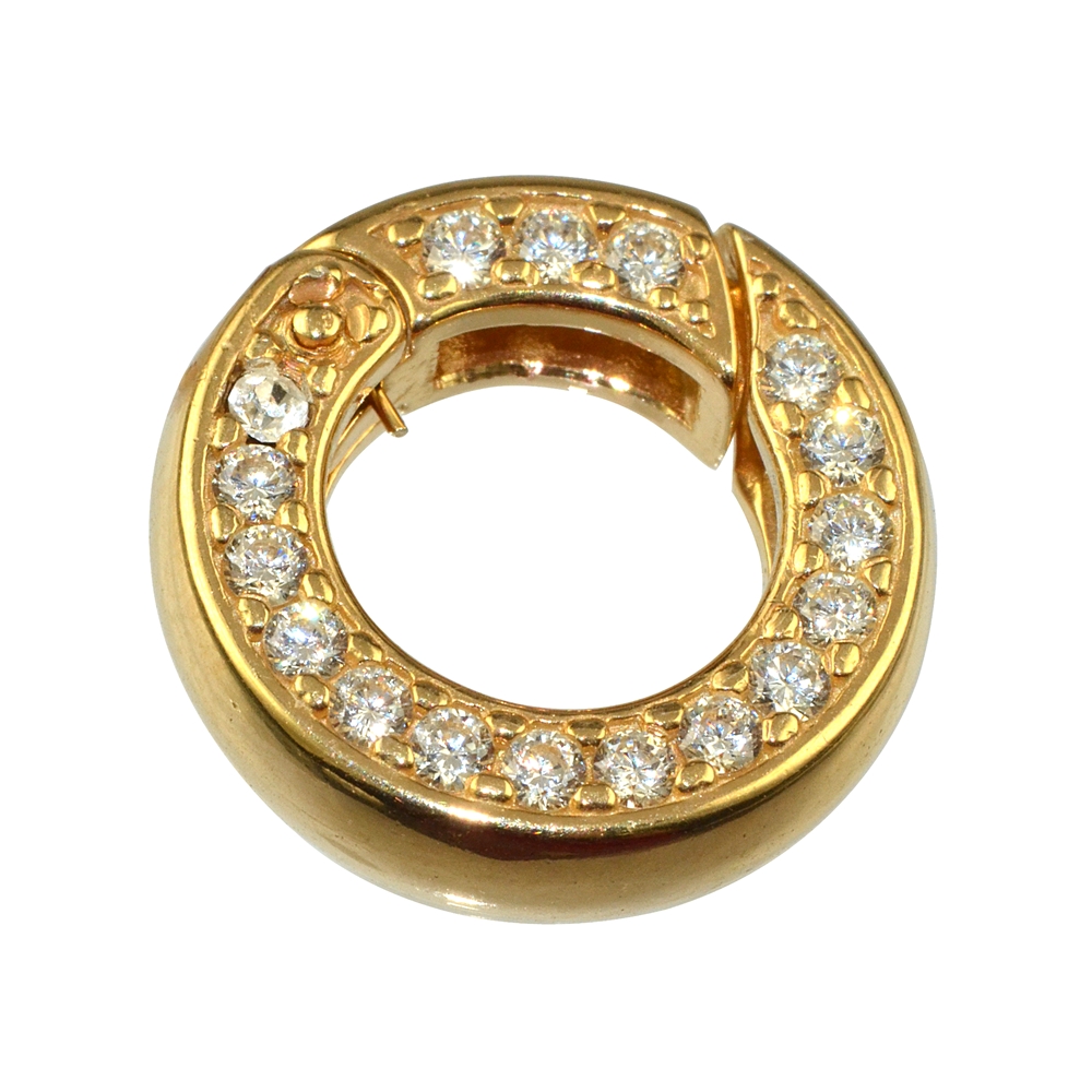 Chiusura ad anello con zirconi 16 mm, argento placcato oro, barra quadrata (1 unità)