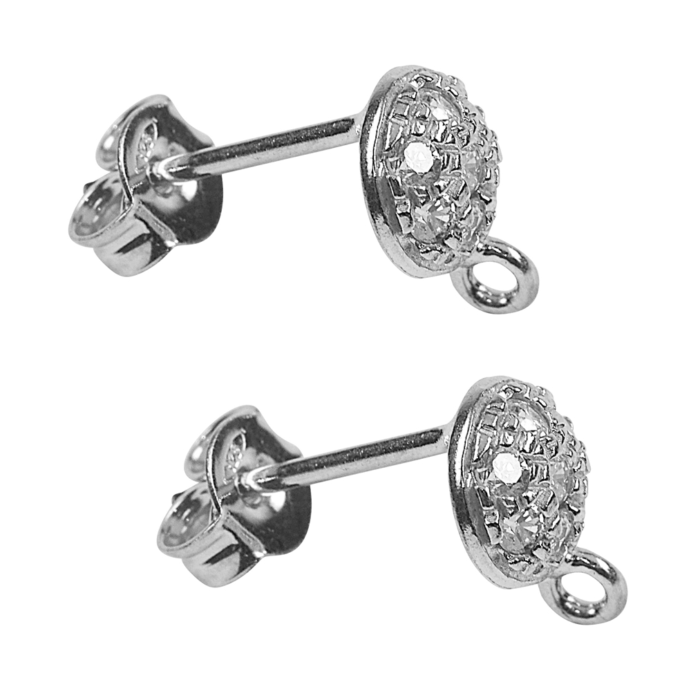 Clous d'oreilles avec anneaux, Zircon cubique (synth.) demi-sphère 7mm, argent rhodié (2 pcs/unité)