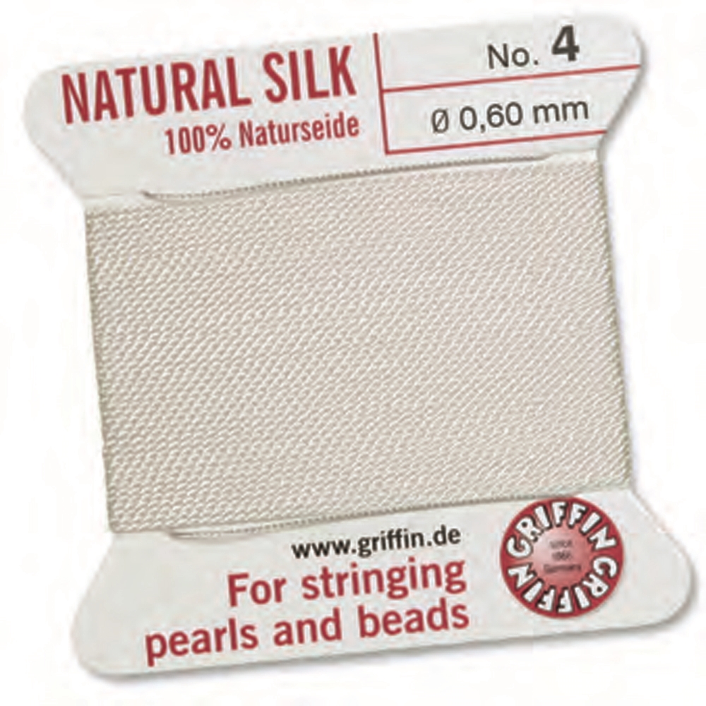 Bead threading silk white with 2 pre-threading needles, 0,60mm/4m